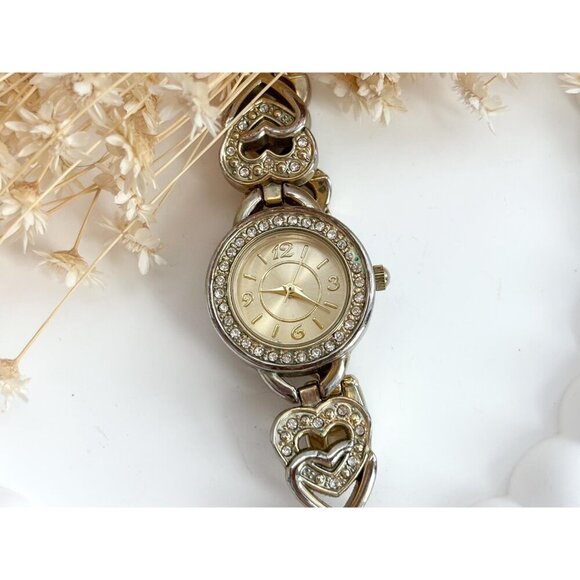Gold Toned Faced & Rhinestone Chainlink Bracelet Vintage Watch - 15mm - WORKS! - Picture 8 of 10